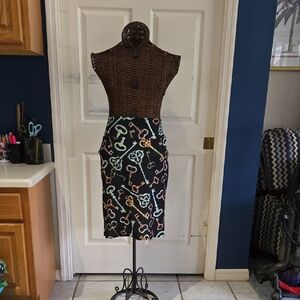 LulaRoe Elegant Black Pencil Skirt with Colorful Key Design-Size XL